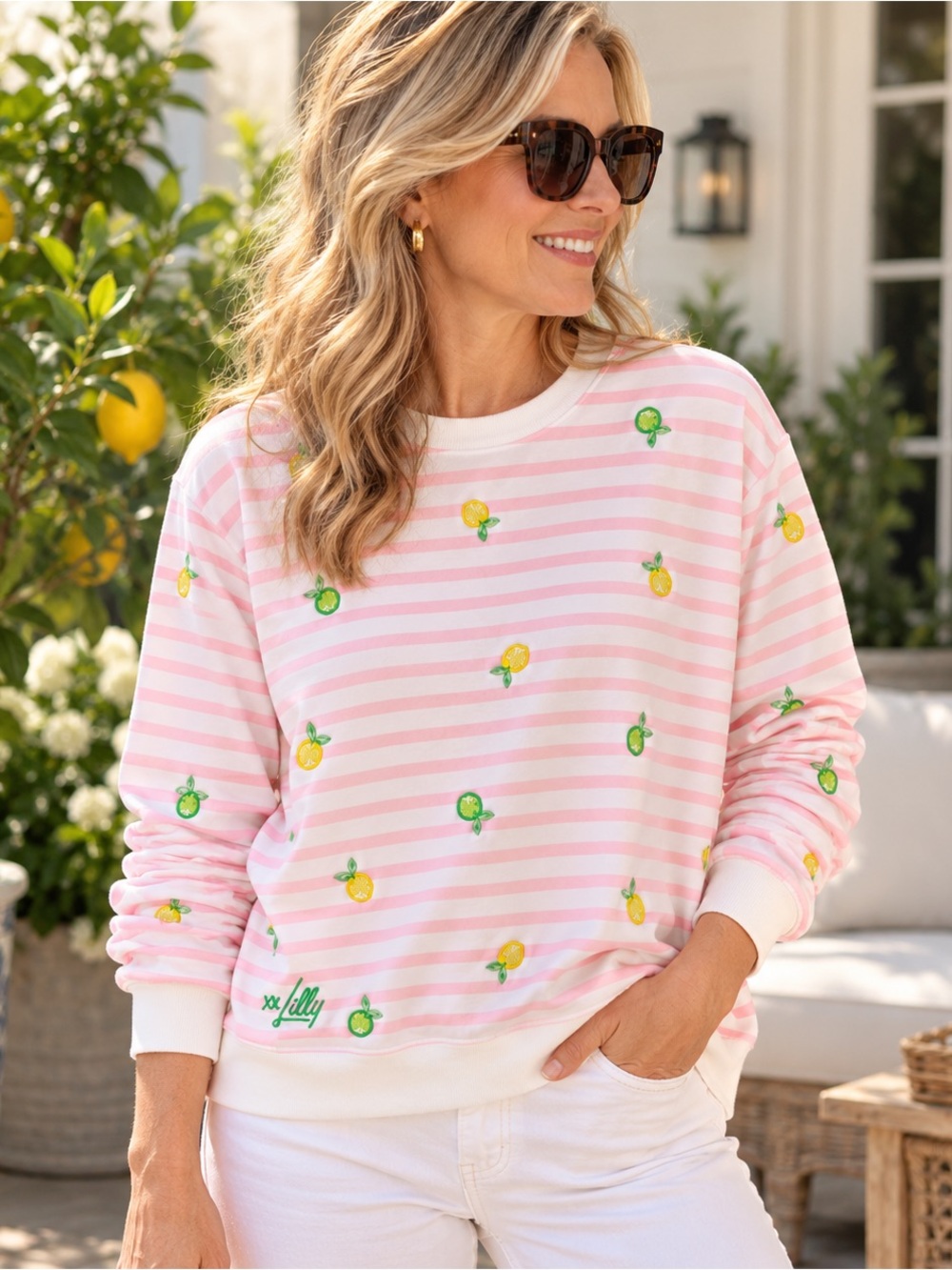 Lilly Pulitzer Ballad Make Limeade Embroidered Sweatshirt L Pink Stripe
